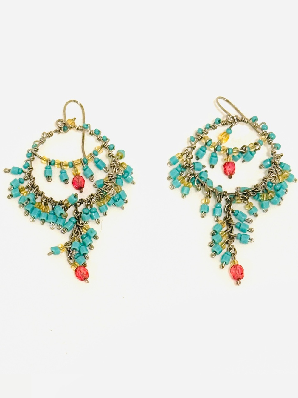 Bohemian Turquoise Beaded Chandelier Earrings with Coral Accent
